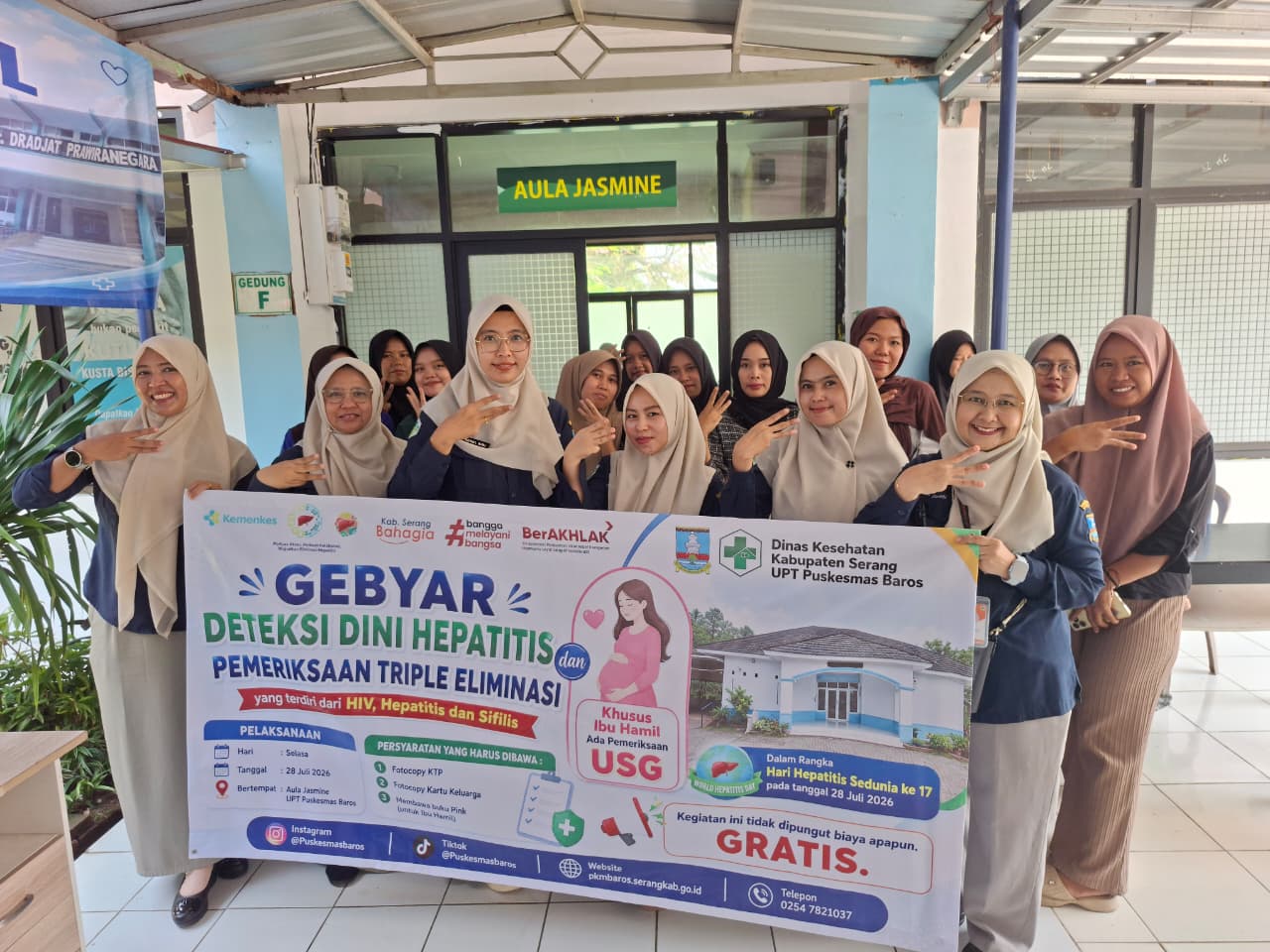 UPT Puskesmas Baros melaksanakan Gebyar Pemeriksaan Deteksi Dini Hepatitis Triple Eliminasi kepada Ibu Hamil di wilayah kerja Kecamatan Baros yang bertempat di Aula Jasmine UPT Puskesmas Baros.